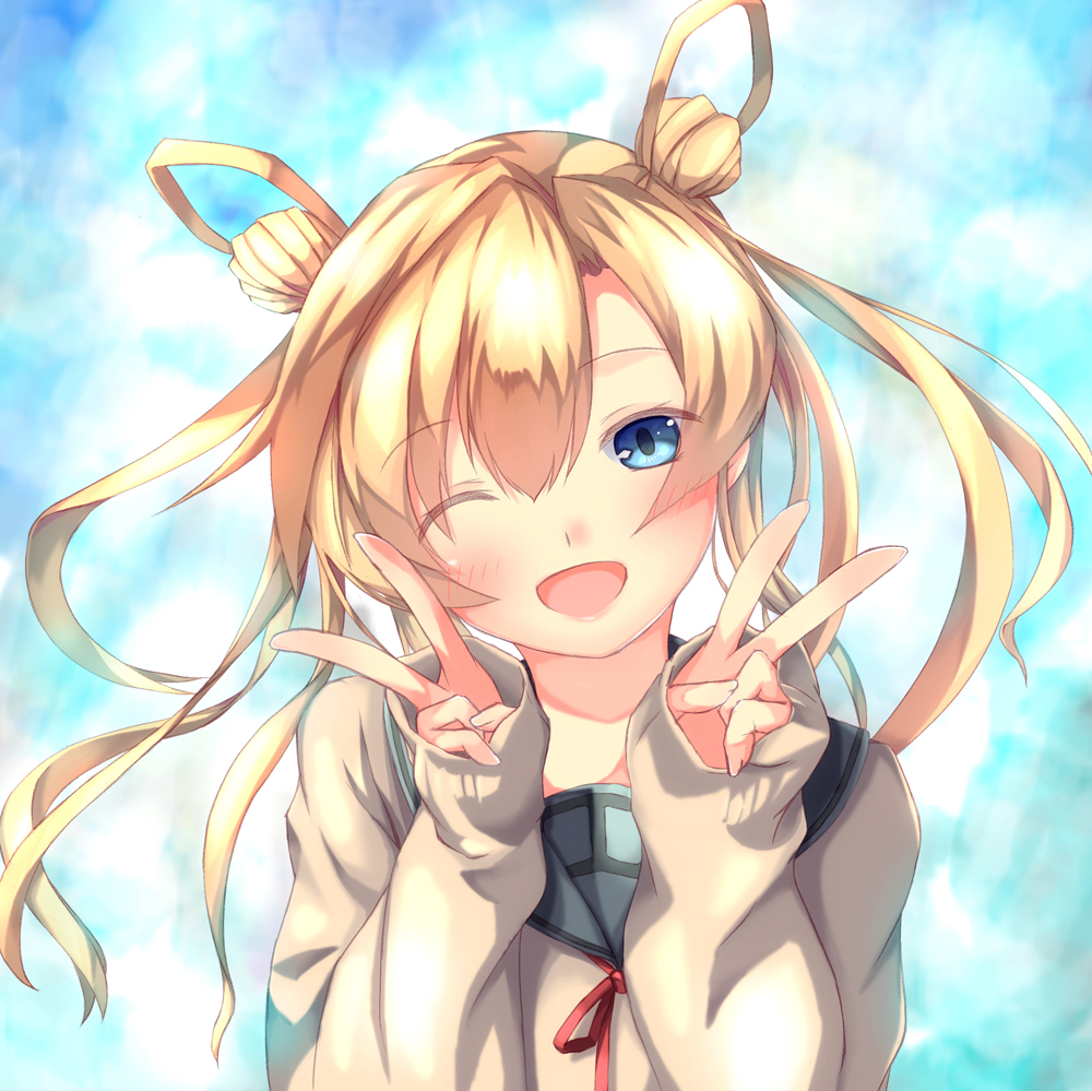 1girl abukuma_(kantai_collection) blonde_hair blue_background blue_eyes blush boots double_bun double_v eyebrows_visible_through_hair eyes_visible_through_hair hair_between_eyes hair_rings hands_up head_tilt kantai_collection kei_(pixiv2548624) long_hair long_sleeves looking_at_viewer one_eye_closed open_mouth red_ribbon ribbon school_uniform serafuku sidelocks smile solo sweater twintails v winking