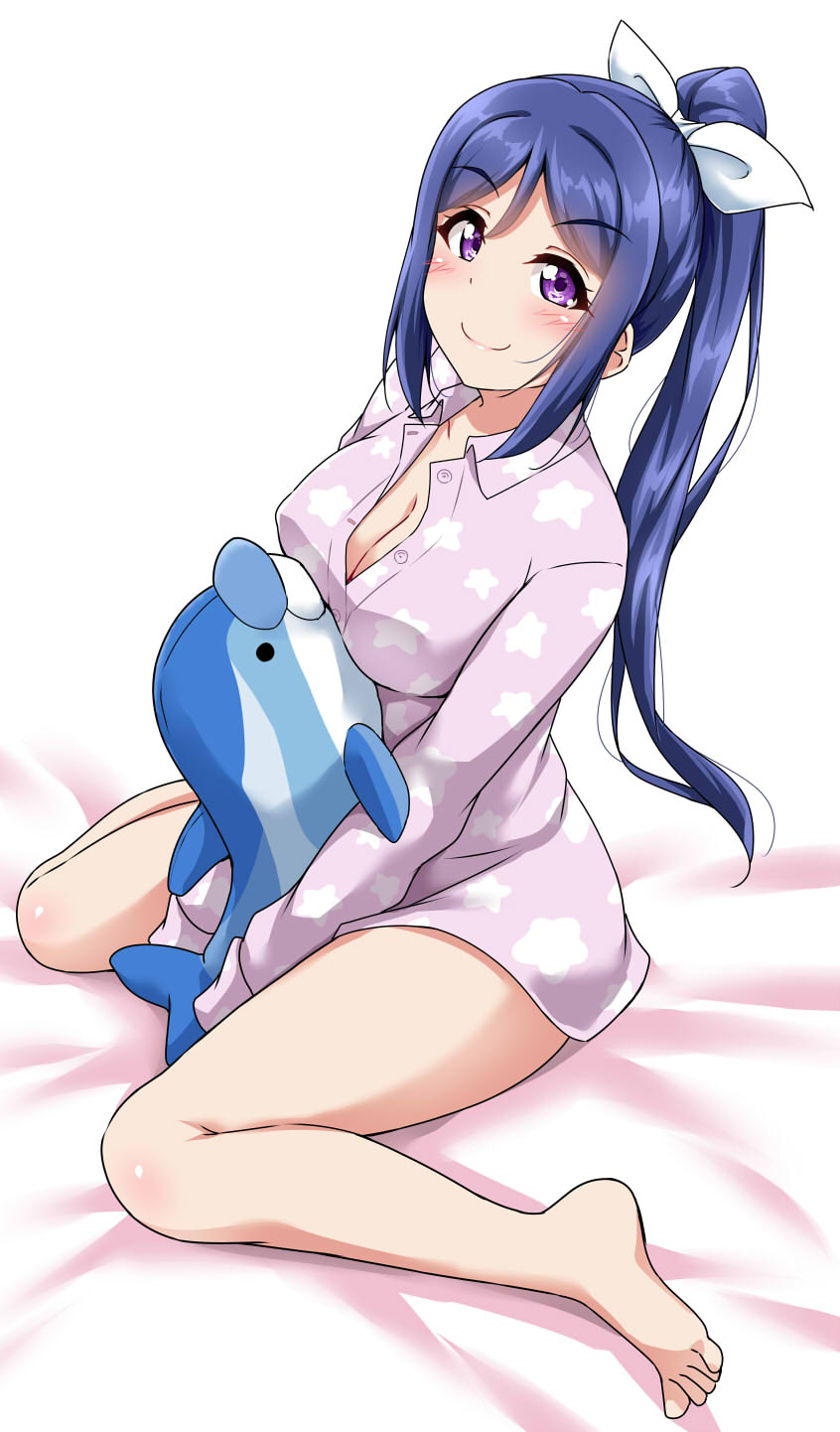 1girl bare_legs barefoot bed_sheet between_legs blue_hair blush bow breasts cleavage full_body hair_bow hand_between_legs highres holding holding_stuffed_animal long_hair long_ponytail long_sleeves looking_at_viewer love_live! love_live!_sunshine!! matsuura_kanan medium_breasts pajamas ponytail sitting smile solo star star_print stuffed_animal stuffed_dolphin stuffed_toy violet_eyes wariza white_background white_bow yopparai_oni