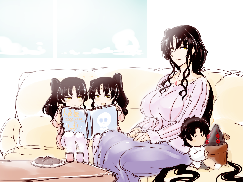 1boy 1girl black_hair breasts children's_book demon_pillar_(fate/grand_order) facial_mark fate_(series) forehead_mark fujimaru_ritsuka_(male) karakure_(kamo-nanban) large_breasts long_hair looking_at_viewer sesshouin_kiara siblings side_ponytail smile twins yellow_eyes