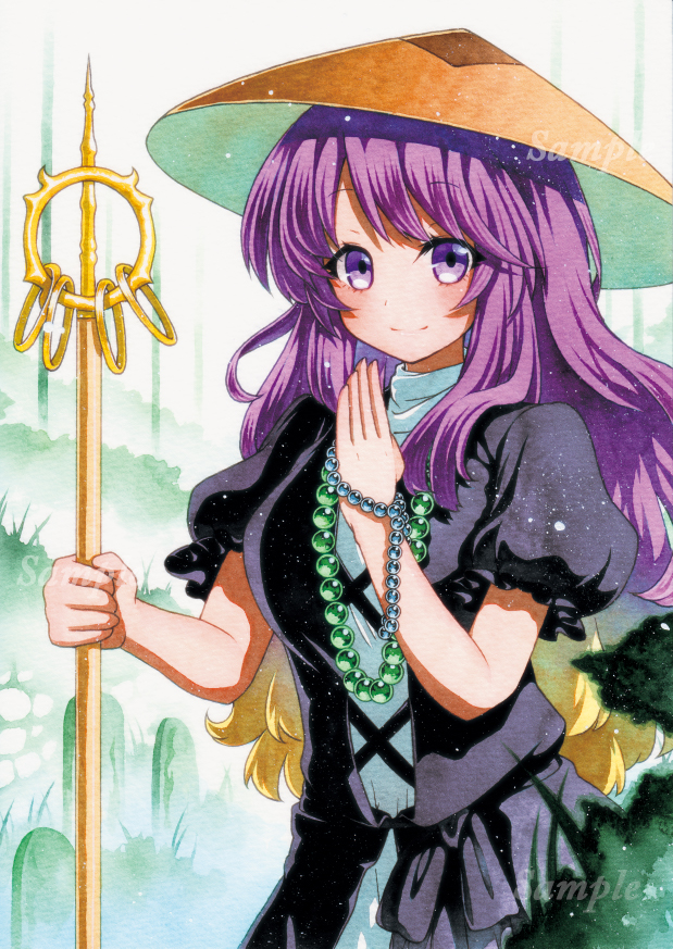 1girl ajirogasa bangs beads closed_mouth cowboy_shot dress eyebrows_visible_through_hair hat hijiri_byakuren holding long_hair looking_at_viewer multicolored_hair prayer_beads puffy_short_sleeves puffy_sleeves qqqrinkappp sample short_sleeves sidelocks smile solo touhou two-tone_hair violet_eyes white_dress