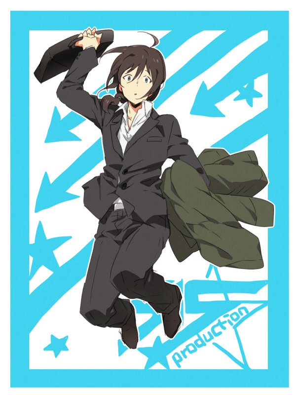 1boy ahoge blue_border briefcase brown_hair carrying_clothes catgirl0926 coat directional_arrow formal idolmaster idolmaster_side-m jumping long_hair looking_at_viewer male_focus official_style parody ponytail producer_(idolmaster_side-m) solo star style_parody suit