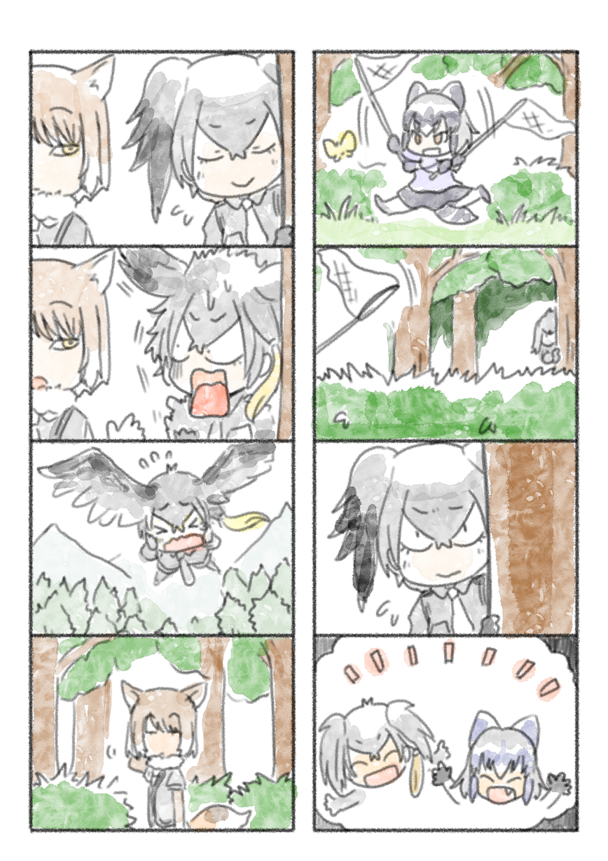 &gt;_&lt; 3girls 4koma animal_ears brown_hair butterfly_net comic common_raccoon_(kemono_friends) flying forest fox_ears fox_tail grey_hair hand_net head_wings highres kemono_friends multiple_girls murakami_rei nature peeking_out raccoon_ears running shoebill_(kemono_friends) silent_comic surprised tail tibetan_sand_fox_(kemono_friends) tree yellow_eyes