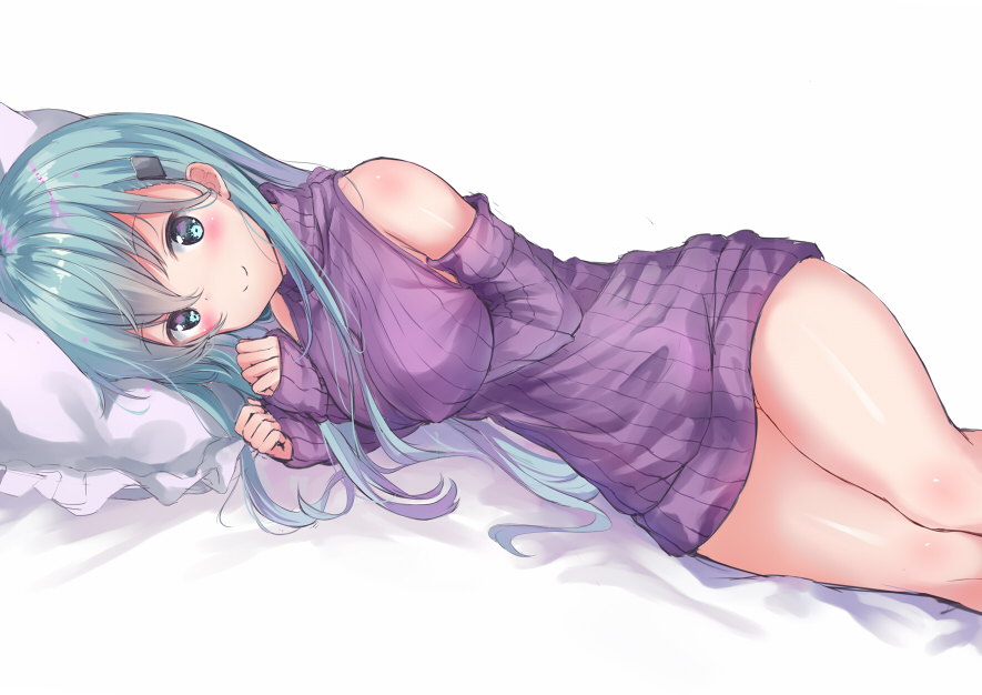 1girl alternate_costume aqua_eyes aqua_hair bare_shoulders blush breasts closed_mouth detached_sleeves dress frilled_pillow frills hair_ornament hairclip kantai_collection large_breasts long_hair long_sleeves looking_at_viewer lying no_legwear on_side pillow purple_sweater simple_background sleeveless sleeveless_turtleneck sleeves_past_wrists smile solo suzuya_(kantai_collection) sweater sweater_dress tareme thighs turtleneck turtleneck_sweater white_background yukishiro_arute