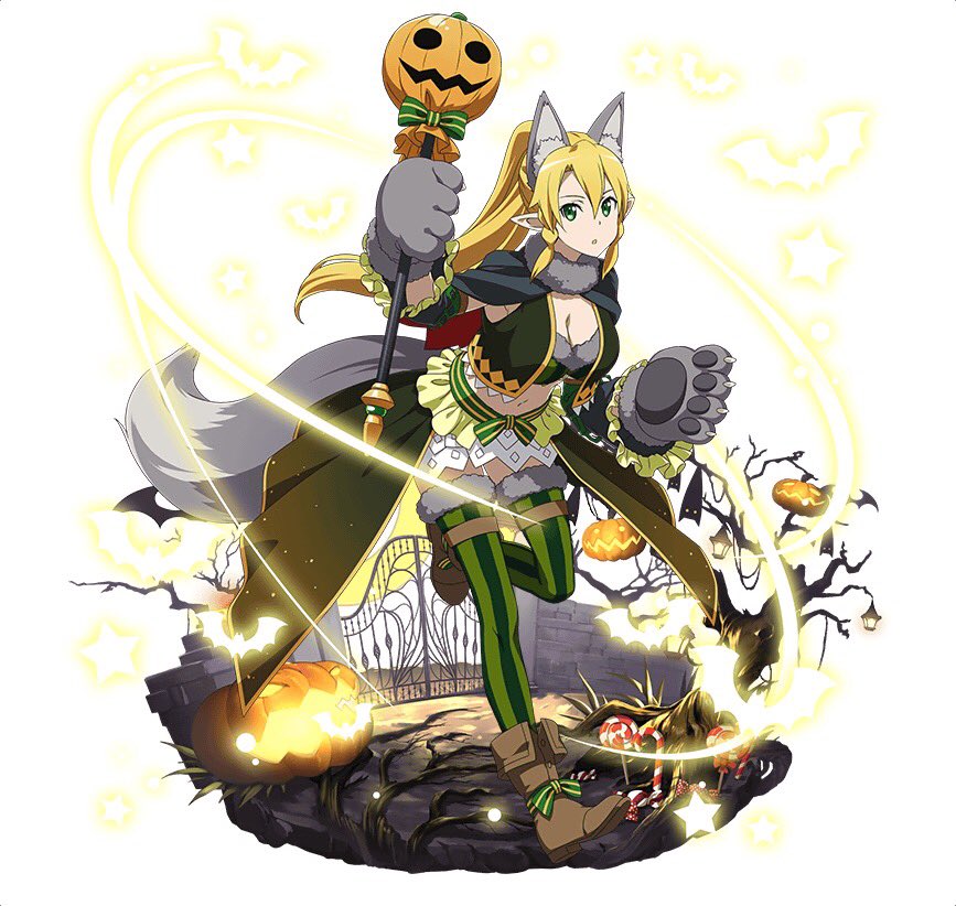 1girl animal_ears blonde_hair breasts brown_footwear cleavage fox_ears fox_tail full_body gloves green_eyes green_legwear grey_gloves hair_between_eyes halloween halloween_costume holding large_breasts leafa long_hair midriff navel one_leg_raised paw_gloves paws ponytail simple_background solo stomach striped striped_legwear sword_art_online tail thigh-highs vertical-striped_legwear vertical_stripes white_background