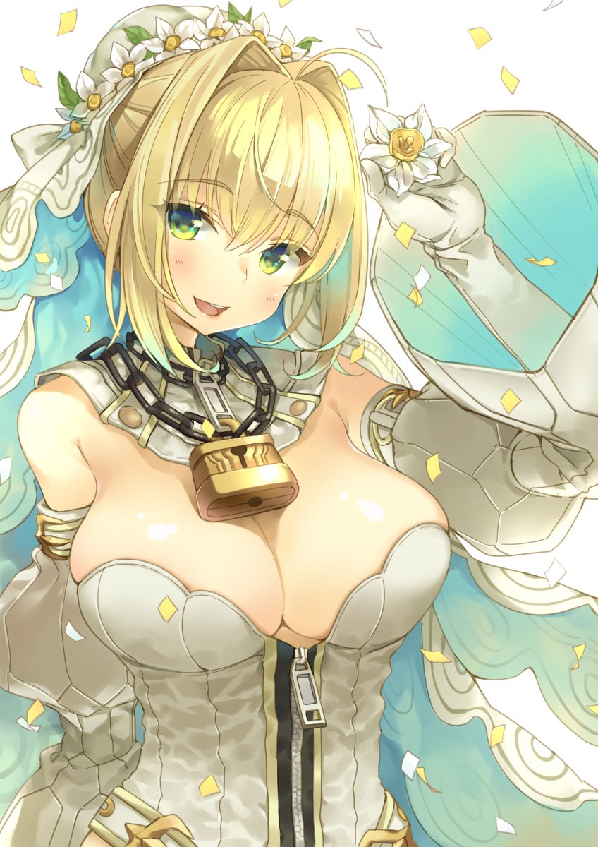 1girl :d ahoge arm_up bangs blonde_hair blush breasts bridal_veil chains cleavage detached_sleeves eyebrows_visible_through_hair fate/extra fate/extra_ccc fate_(series) flower gloves green_eyes hair_between_eyes hair_intakes highres holding holding_flower hym9594 juliet_sleeves large_breasts lock long_sleeves looking_at_viewer open_mouth padlock puffy_sleeves saber_bride saber_extra short_hair simple_background smile solo upper_body veil white_background white_gloves wide_sleeves zipper zipper_pull_tab