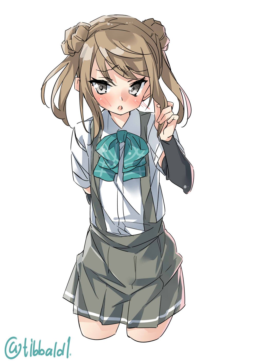 1girl arm_behind_back arm_warmers bangs black_eyes black_skirt blue_neckwear blush brown_hair collared_shirt cowboy_shot cropped_legs double_bun ebifurya eyebrows_visible_through_hair hand_up highres holding holding_hair kantai_collection looking_at_viewer michishio_(kantai_collection) open_mouth pleated_skirt shirt short_sleeves sidelocks simple_background skirt solo suspender_skirt suspenders tsurime twintails twitter_username white_background white_shirt