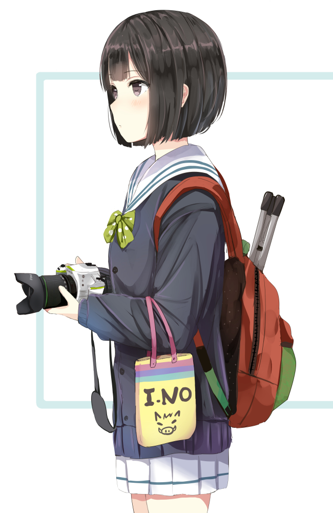 1girl backpack bag bangs black_hair blush bob_cut camera cardigan closed_mouth eyebrows_visible_through_hair from_side holding holding_camera long_sleeves morerin original revision school_uniform serafuku short_hair single-lens_reflex_camera solo tripod violet_eyes