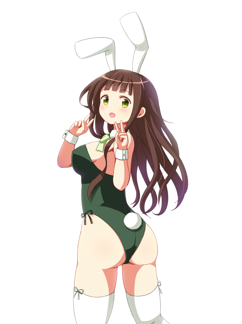 1girl :d animal_ears ass bangs bare_shoulders blunt_bangs blush bow bowtie breasts brown_hair bunny_girl bunnysuit commentary_request cowboy_shot detached_collar double_v eyebrows_visible_through_hair from_behind gochuumon_wa_usagi_desu_ka? green_eyes green_leotard green_neckwear highres large_breasts leotard long_hair looking_at_viewer looking_back open_mouth phantom2071 rabbit_ears sideboob simple_background smile solo standing thigh-highs ujimatsu_chiya v white_background white_collar white_legwear wrist_cuffs