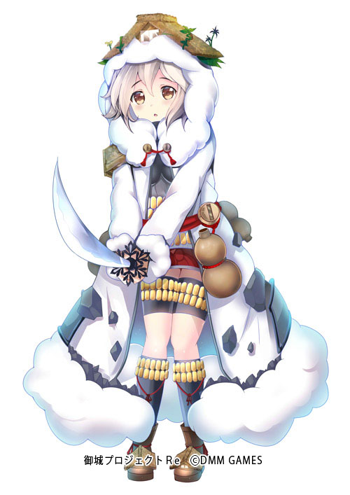 1girl :o bangs bent_knees black_legwear brown_footwear character_request coat kiun_(oshiro_project) knees_together_feet_apart looking_at_viewer oshiro_project oshiro_project_re short_hair silver_hair solo standing sword tagme taicho128 watermark weapon white_background winter_clothes winter_coat yellow_eyes