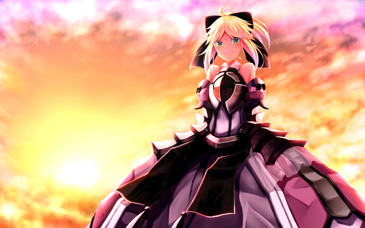 1girl ahoge armor armored_dress artoria_pendragon_(all) bare_shoulders black_bow blonde_hair blush bow closed_mouth commentary_request fate_(series) green_eyes hair_bow looking_at_viewer outdoors saber saber_lily short_hair sky smile solo sunset tagme tazaki_hayato