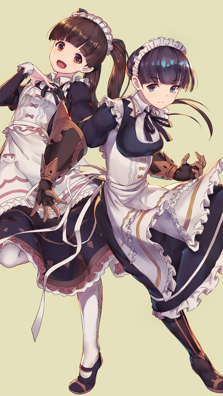 2girls black_hair blue_eyes blush breasts brown_eyes brown_hair claudia_(granblue_fantasy) closed_mouth dorothy_(granblue_fantasy) eyebrows_visible_through_hair granblue_fantasy highres kotoribako large_breasts long_hair looking_at_viewer maid maid_headdress multiple_girls open_mouth pantyhose ponytail smile twintails white_legwear