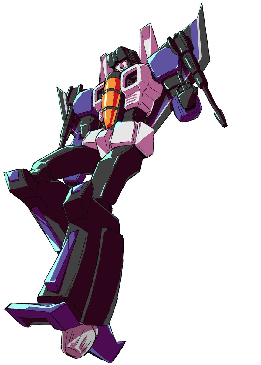 1boy 80s cannon decepticon full_body highres machine machinery mecha newsakisor no_humans oldschool red_eyes robot skywarp smile solo transformers weapon