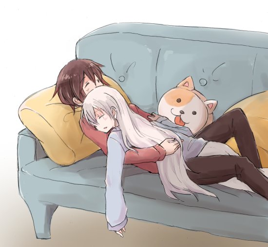 2girls bangs black_hair closed_eyes couch cushion hand_in_another's_hair hand_in_hair holding hug long_hair multicolored_hair multiple_girls nagasawa_(tthnhk) on_back on_stomach open_mouth redhead ruby_rose rwby scar scar_across_eye sleeping sleeping_on_person two-tone_hair very_long_hair weiss_schnee white_hair yuri