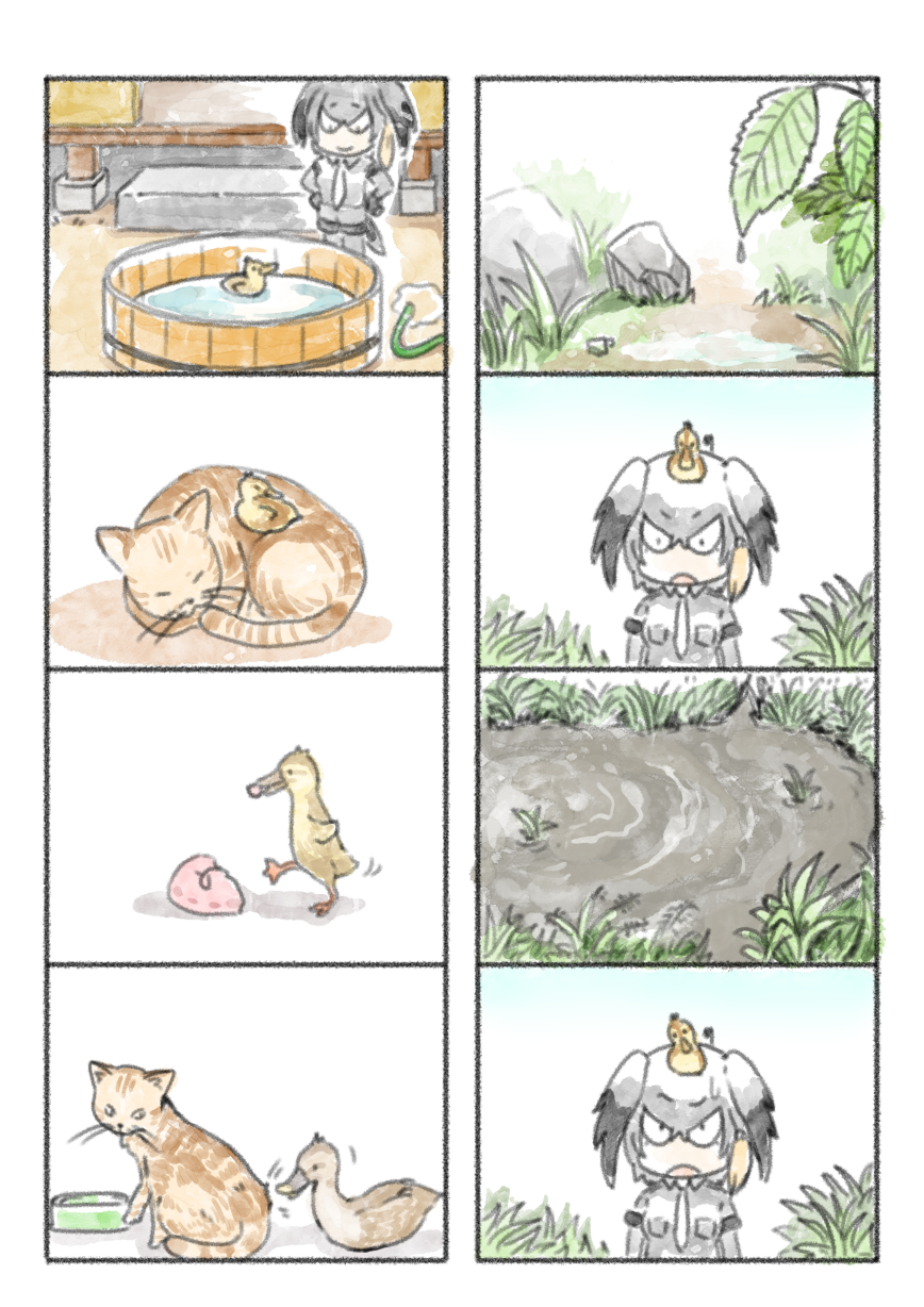 1girl 4koma animal animal_on_head basin bird bird_on_head cat comic duck duckling food grass grey_hair head_wings highres japari_bun kemono_friends murakami_rei on_head plant shoebill_(kemono_friends) silent_comic sleeping stone water