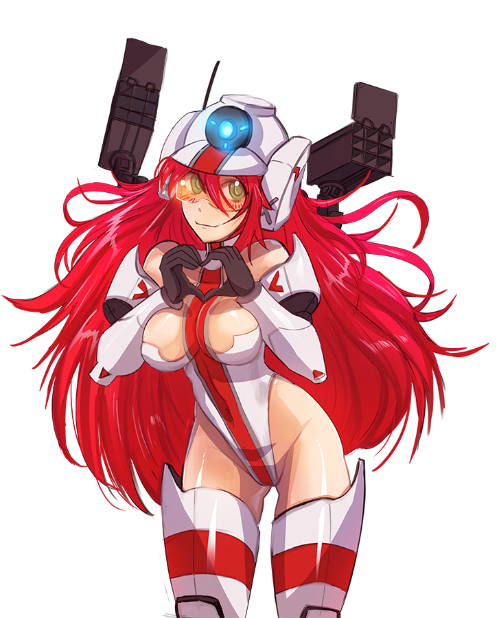 1girl armor bare_shoulders blush breasts cleavage elbow_gloves gloves green_eyes heart heart_hands helmet hmage long_hair looking_at_viewer mecha_musume medium_breasts personification redhead rocket_launcher smile solo thigh-highs titanfall titanfall_2 tone_(titanfall_2) very_long_hair visor visor_cap weapon