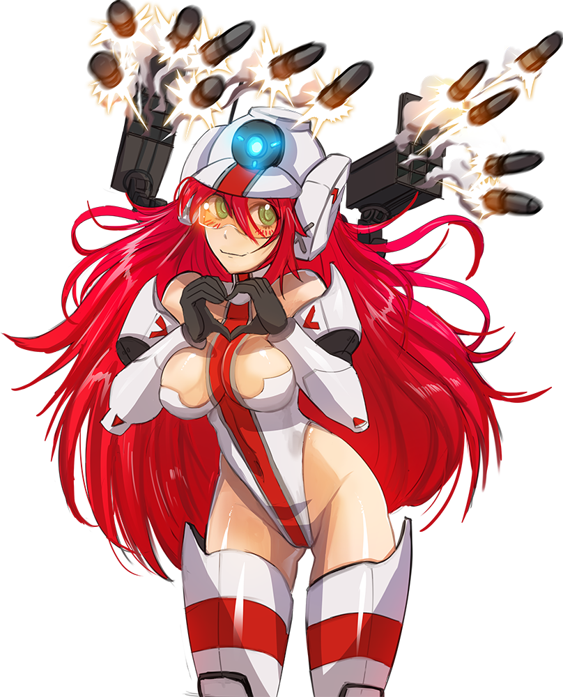 1girl armor bare_shoulders breasts cleavage elbow_gloves firing gloves green_eyes heart heart_hands helmet hmage large_breasts long_hair mecha_musume personification redhead rocket_launcher smile thigh-highs titanfall titanfall_2 tone_(titanfall_2) very_long_hair visor visor_cap weapon