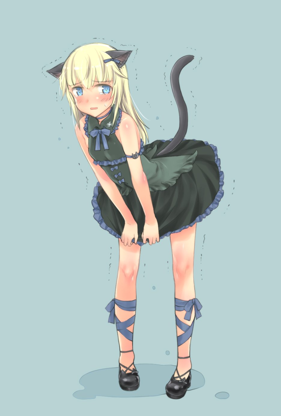 1girl amefre animal_ears armband black_dress black_footwear blonde_hair blue_eyes blush cat_ears cat_tail choker dress hair_ribbon helma_lennartz highres leg_ribbon mary_janes open_mouth ribbon shoe_ribbon shoes sleeveless standing strike_witches sweat tail tearing_up tears trembling world_witches_series