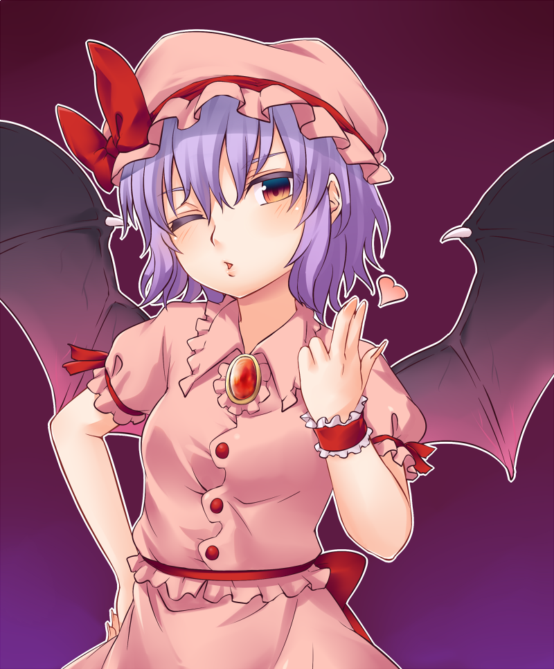 1girl bangs bat_wings black_wings blown_kiss blush bow brooch brown_eyes buttons cowboy_shot eyebrows_visible_through_hair gradient gradient_background hair_between_eyes hand_on_hip hat hat_bow heart jewelry looking_at_viewer miyo_(ranthath) mob_cap one_eye_closed parted_lips pink_hat pink_skirt purple_hair red_bow remilia_scarlet short_hair short_sleeves skirt skirt_set solo touhou wings