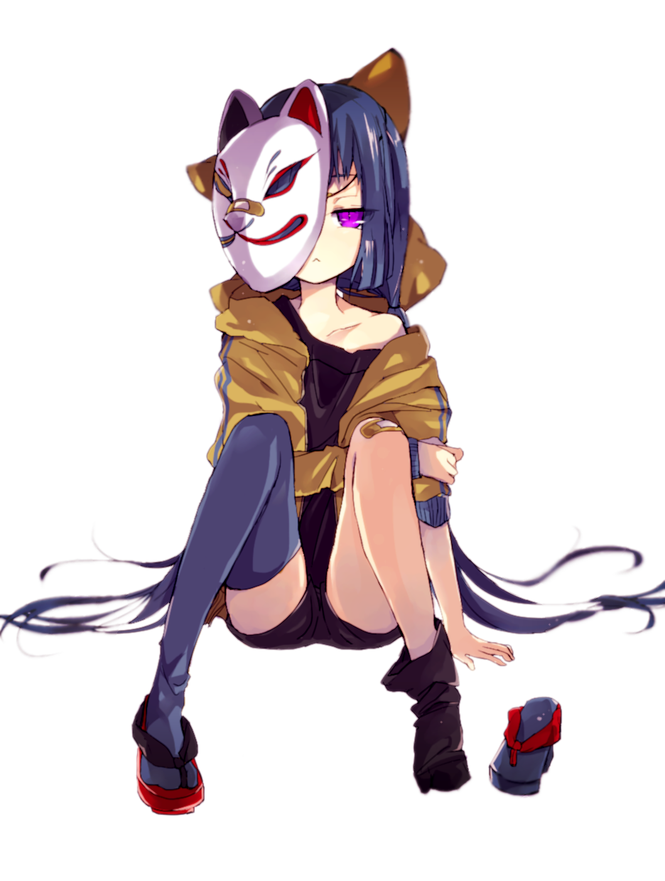 1girl bandaid bandaid_on_nose bangs blue_hair blue_legwear cat_mask closed_mouth copyright_request geta highres hiiragi_fuyuki hood hooded_jacket jacket long_hair looking_at_viewer mask mask_on_head mismatched_legwear open_clothes open_jacket short_shorts shorts single_thighhigh sipping sitting sleeveless solo thigh-highs very_long_hair violet_eyes white_background yellow_jacket