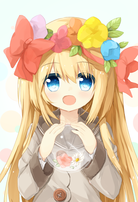 1girl :d bangs blonde_hair blue_eyes bow buttons collarbone eyebrows_visible_through_hair flower grey_jacket hair_between_eyes hair_bow hair_flower hair_ornament hands_up holding leaf long_hair long_sleeves looking_at_viewer multicolored multicolored_polka_dots open_mouth original polka_dot red_bow simple_background smile solo sphere upper_body yuuhagi_(amaretto-no-natsu)