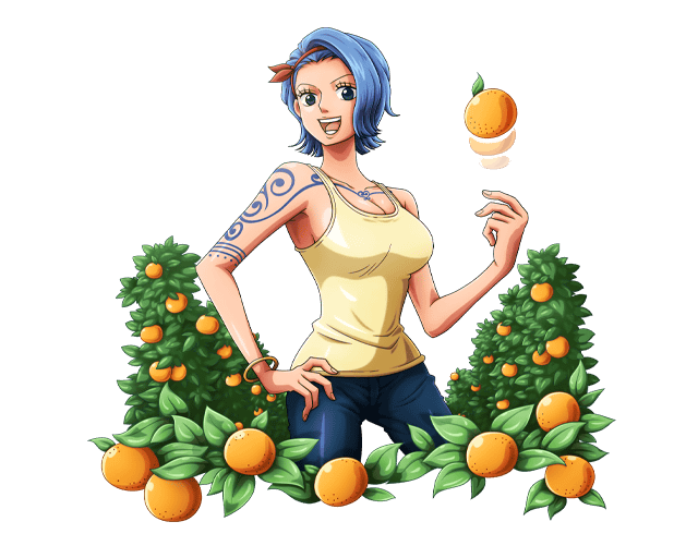 1girl :d band blue_eyes blue_hair blue_pants bodskih bracelet breasts cleavage collarbone cowboy_shot denim food fruit hand_on_hip jewelry large_breasts looking_at_viewer nojiko one_piece open_mouth orange pants redhead shiny shiny_clothes shirt short_hair sideboob sleeveless sleeveless_shirt smile solo standing transparent_background yellow_shirt