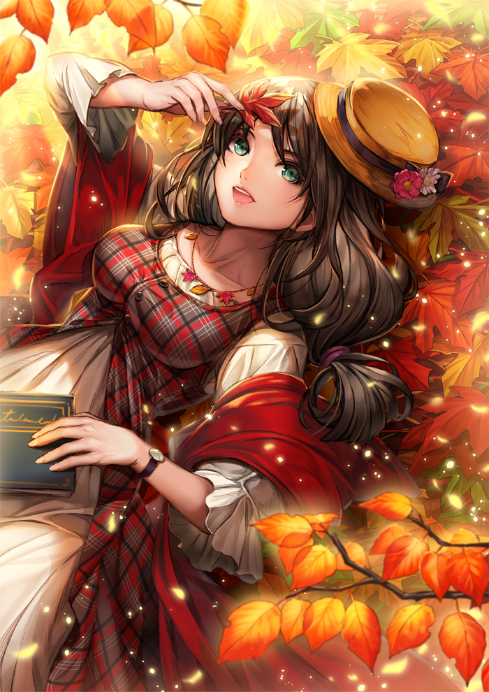 1girl :d arm_up autumn autumn_leaves bangs blush book breasts brown_hair brown_hat collarbone dress ells eyebrows_visible_through_hair fedora flower from_above green_eyes hair_tie hat hat_flower holding holding_leaf jewelry layered_dress leaf light_particles long_hair long_sleeves looking_at_viewer looking_up low-tied_long_hair lying medium_breasts necklace on_back open_mouth original outdoors plaid round_teeth shawl smile solo swept_bangs teeth watch watch