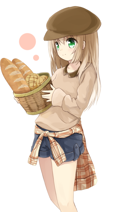 1girl baguette bangs beret blue_shorts bread brown_hat brown_shirt closed_mouth clothes_around_waist collared_shirt food green_eyes hair_between_eyes hat holding_basket light_brown_hair long_hair long_sleeves looking_away original plaid plaid_shirt shirt shirt_around_waist shorts simple_background smile solo standing tied_shirt white_background yuuhagi_(amaretto-no-natsu)