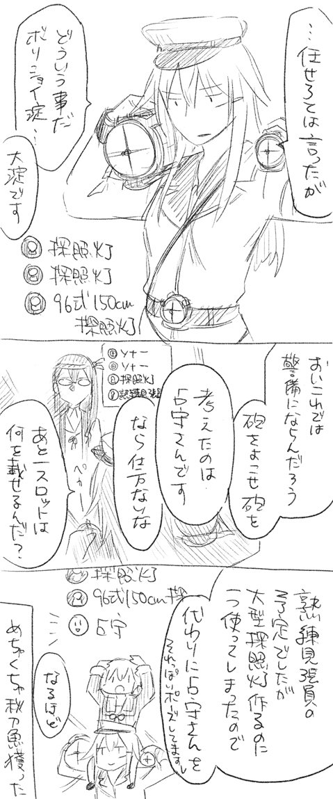3girls 3koma belt carrying_over_shoulder closed_mouth coat collared_shirt comic commentary fur_trim gangut_(kantai_collection) glasses hachimaki hat headband kantai_collection long_hair long_sleeves military military_hat monochrome multiple_girls neck_ribbon nejiri_hachimaki ooyodo_(kantai_collection) parted_lips peaked_cap ribbon sailor_collar scar school_uniform searchlights sebas_murasaki serafuku shimushu_(kantai_collection) shirt short_hair smile translation_request |_|