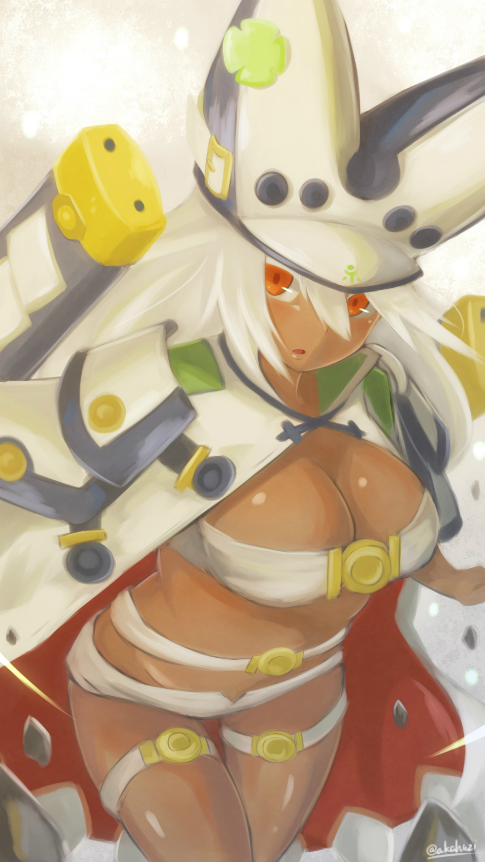 1girl akahuzi artist_name blush breasts cleavage dark_skin guilty_gear hat highres large_breasts long_hair looking_at_viewer parted_lips ramlethal_valentine red_eyes solo twitter_username white_hair white_hat