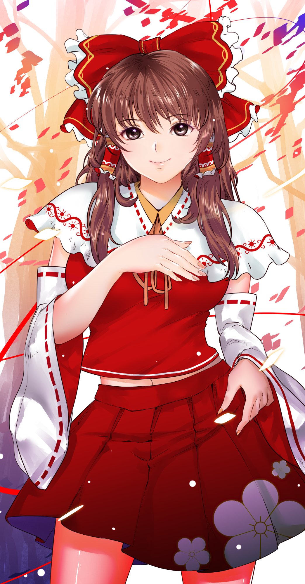 1girl black_eyes blush bow breasts brown_hair closed_mouth detached_sleeves eyebrows_visible_through_hair hair_bow hair_ribbon hair_tubes hakurei_reimu hand_on_own_chest highres long_hair looking_at_viewer medium_breasts red_bow red_skirt skirt smile solo standing touhou x&amp;x&amp;x