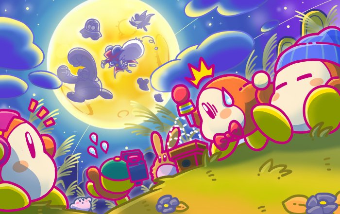 /\/\/\ 4boys backwards_hat baseball_cap beanie bow bowtie clouds commentary_request dango doc_(kirby) dorocche food full_moon grass green_hat hat headphones kirby kirby_(series) microphone moon mouse multiple_boys night nintendo official_art polof spinni squeakers storo tsukimi tsukimi_dango video_camera wagashi