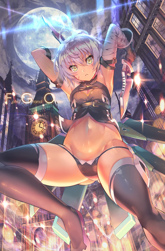 1girl aguy ahoge armpits arms_up assassin_of_black backlighting bandage bandaged_arm bikini_bottom black_bikini_top black_footwear black_gloves boots breasts building cleavage cleavage_cutout clock clock_tower copyright_name dagger dual_wielding elizabeth_tower eyebrows_visible_through_hair facial_scar fate/grand_order fate_(series) from_below full_moon gloves gluteal_fold hair_between_eyes holding holding_weapon london looking_at_viewer looking_down midair moon navel night night_sky outdoors scar shiny shiny_skin short_hair silver_hair sky sleeveless small_breasts solo stomach thigh-highs thigh_boots tower weapon