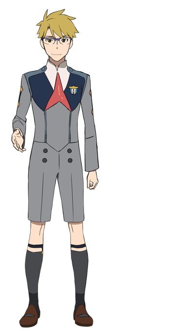 1boy blonde_hair code:056 darling_in_the_franxx full_body glasses looking_at_viewer male_focus official_art outstretched_hand purple-framed_eyewear school_uniform short_hair shorts sock_garters socks solo