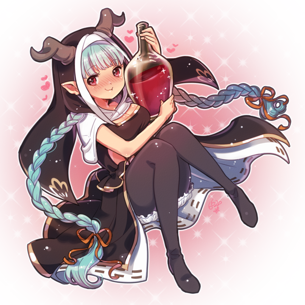 1girl :t bangs black_dress blue_hair blunt_bangs blush boots bottle braid breasts closed_mouth doraf dress eyebrows_visible_through_hair full_body granblue_fantasy habit hair_ribbon heart holding holding_bottle knees_together_feet_apart long_hair looking_at_viewer medium_breasts natsumi_(natumi06) nose_blush orange_ribbon red_eyes ribbon rumredda solo sparkle thigh-highs thigh_boots twin_braids very_long_hair