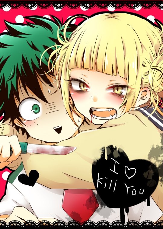 1boy 1girl blonde_hair blood blood_from_mouth blush boku_no_hero_academia cardigan fangs freckles green_eyes green_hair happy heart hug hug_from_behind knife long_sleeves midoriya_izuku scared school_uniform shocked_eyes smile surprised sweatdrop teeth text toga_himiko wide-eyed yellow_eyes