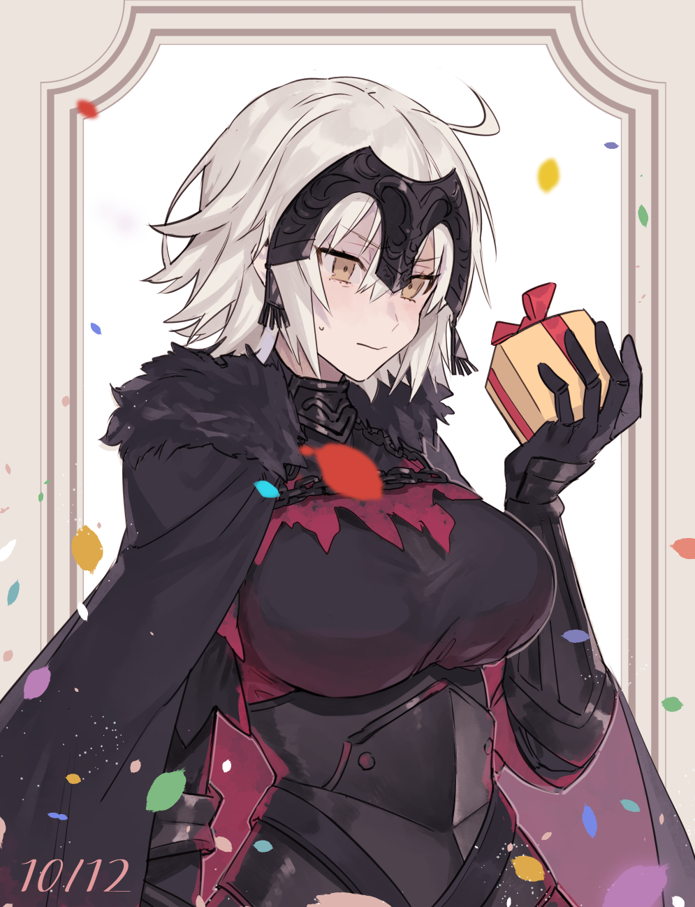 1girl ahoge bangs box breasts cape chains closed_mouth confetti fate/grand_order fate_(series) faulds gauntlets gift gift_box hair_between_eyes headpiece highres jeanne_alter large_breasts ruler_(fate/apocrypha) short_hair silver_hair solo upper_body yayata_(884) yellow_eyes