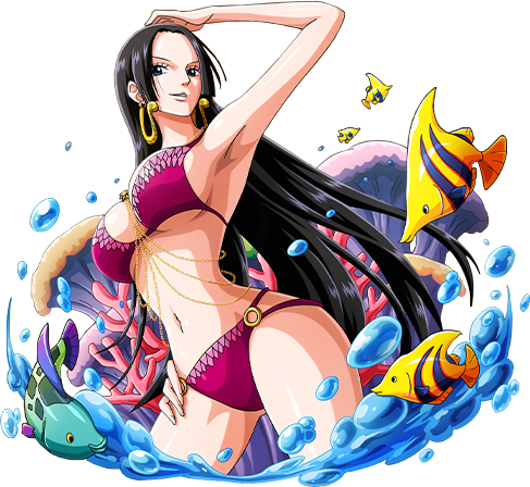 1girl armpits bikini black_hair blue_eyes boa_hancock bodskih breasts cleavage fish floating_hair hand_on_hip large_breasts long_hair lowres navel o-ring_bikini one_piece parted_lips red_bikini sideboob smile solo standing swimsuit transparent_background under_boob very_long_hair wading