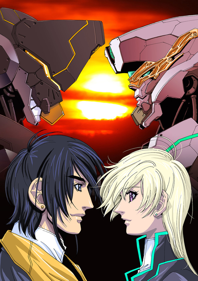 1boy 1girl alpha_n_devo black_hair blue_eyes earrings face-to-face jewelry kanon_j_kusanagi key_visual kikuchi_michitaka long_hair mecha official_art projected_inset raijin_hakkei_-zanam-:_femme_fatale_unmei_no_onna short_hair sunset violet_eyes white_hair zanam