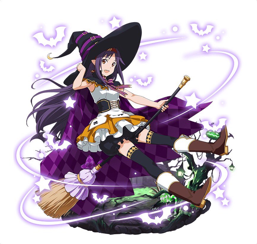 :d black_hat black_legwear black_shorts broom broom_riding brown_eyes brown_footwear dress floating_hair frilled_shorts frills full_body halloween halloween_costume hand_on_headwear hat headband layered_dress long_hair looking_at_viewer open_mouth pointy_ears purple_hair shorts shorts_under_dress simple_background sleeveless smile sword_art_online thigh-highs very_long_hair white_background witch_hat yuuki_(sao)