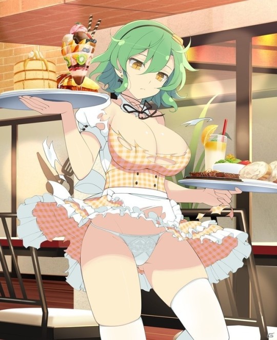 1girl breasts cake card food green_hair hikage_(senran_kagura) panties senran_kagura senran_kagura_(series) slit_pupils solo underwear waitress yellow_eyes