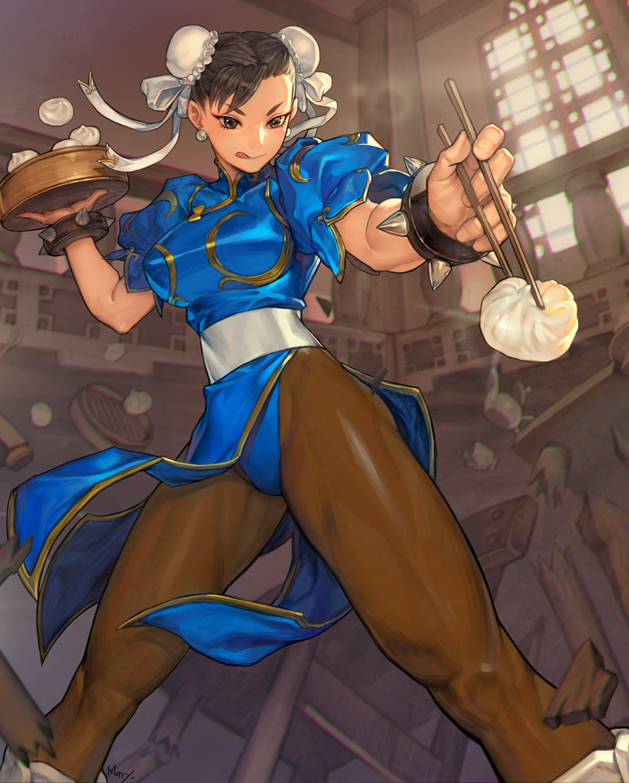 1girl baozi black_hair bracelet broken_furniture bun_cover chair chinese_clothes chopsticks chun-li double_bun earrings eyeshadow food jewelry licking_lips makeup na_in-sung puffy_short_sleeves puffy_sleeves short_sleeves smile solo spiked_bracelet spikes street_fighter thick_thighs thighs toned tongue tongue_out window