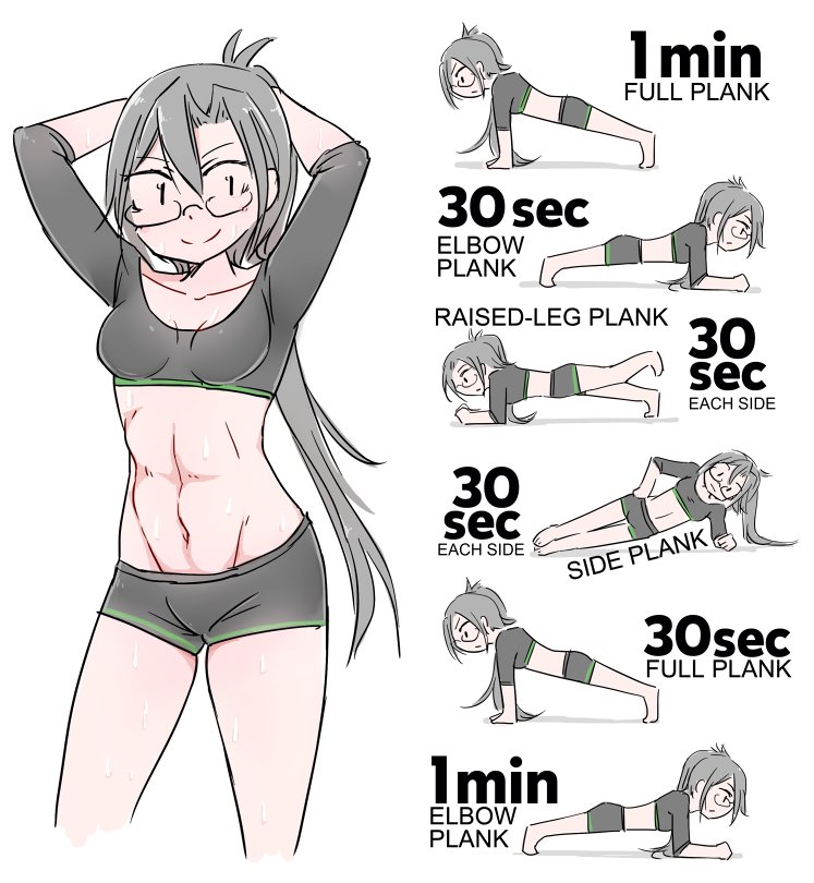 1girl abs alternate_costume amagiri_(kantai_collection) arms_behind_head asymmetrical_bangs bangs bike_shorts blush breasts collarbone commentary exercise eyebrows_visible_through_hair glasses grey_hair hair_between_eyes kantai_collection long_hair looking_at_viewer multiple_views navel planking ponytail shorts simple_background smile solo sweat sweatdrop undershirt very_long_hair white_background zuizou |_|