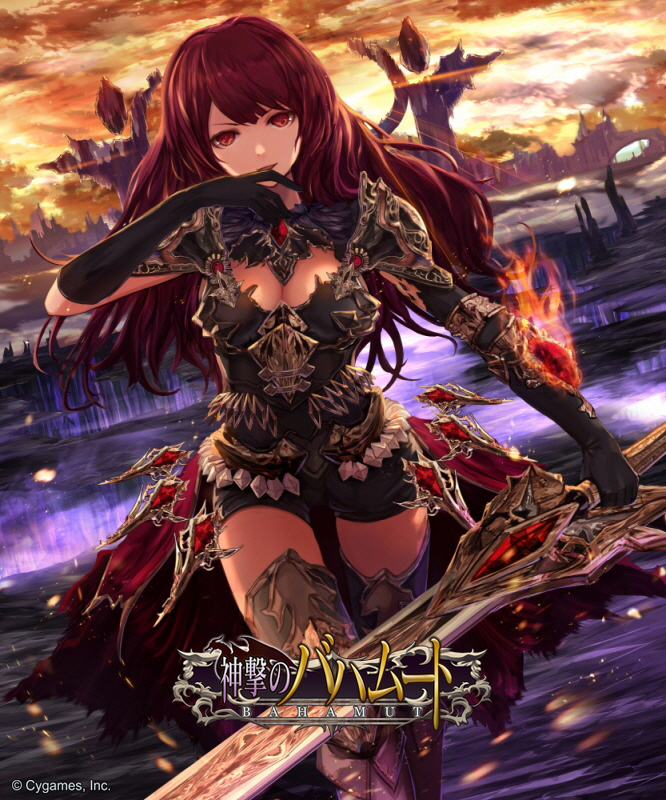 1girl armor black_gloves black_shorts boots breasts cleavage copyright_name elbow_gloves fire floating_hair gloves grey_footwear holding holding_sword holding_weapon jname knee_boots large_breasts long_hair looking_at_viewer outdoors red_eyes redhead shingeki_no_bahamut short_shorts shorts smile solo spaulders sword thigh-highs walking weapon
