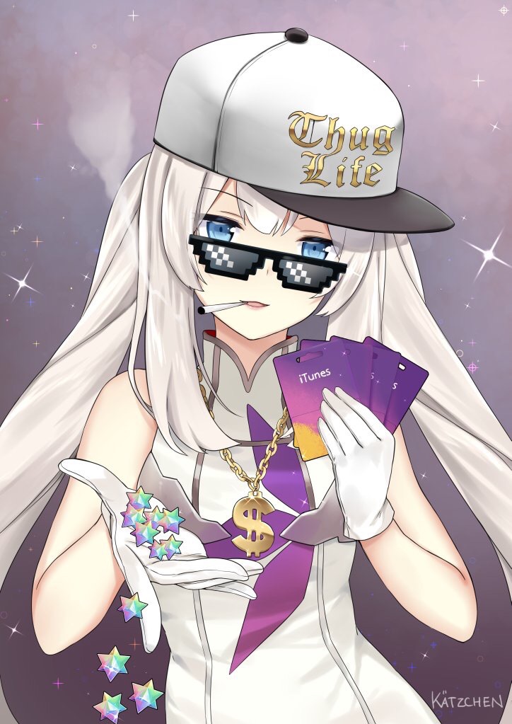 1girl artist_name blue_eyes chains cigarette commentary dollar_sign english fate/grand_order fate_(series) gift_card gloves gold_chain hat itunes jewelry kaetzchen long_hair looking_at_viewer marie_antoinette_(fate/grand_order) meme mouth_hold necklace open_mouth peaked_cap pixelated saint_quartz silver_hair sleeveless smoking solo sparkle sunglasses twintails upper_body white_gloves white_hair