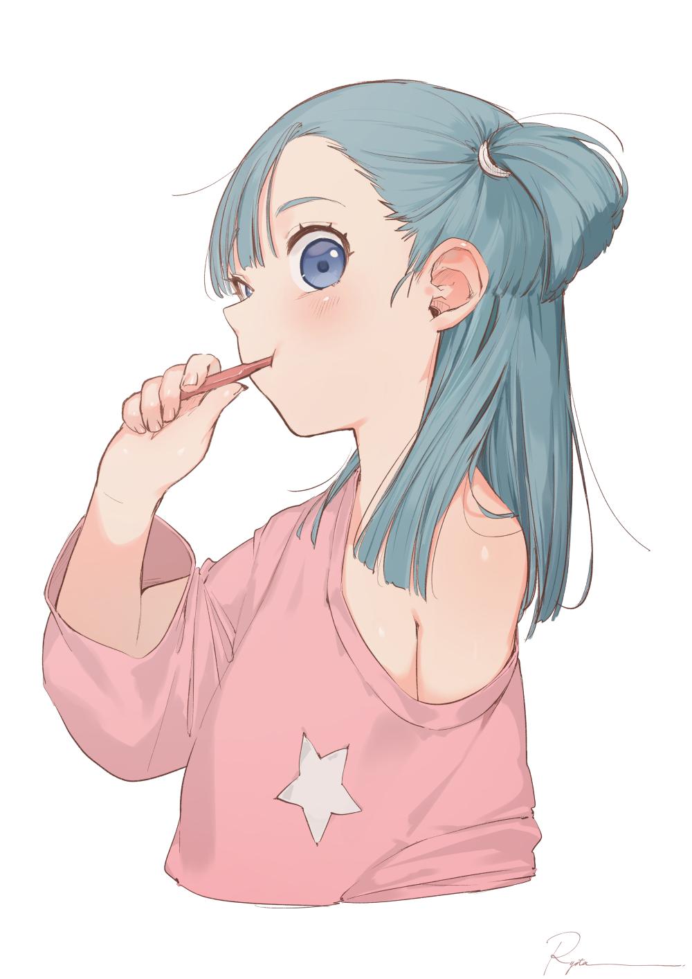 1girl :t arm_at_side asymmetrical_bangs bangs bare_shoulders blue_eyes blue_hair blush bulma clothes_down dragon_ball dragon_ball_(classic) expressionless fingernails flat_chest highres holding holding_toothbrush long_sleeves looking_at_viewer pajamas pink_pajamas ryota_(ry_o_ta) shiny shiny_skin short_hair short_ponytail side_ponytail signature simple_background solo star straight_hair toothbrush toothbrush_in_mouth upper_body white_background younger