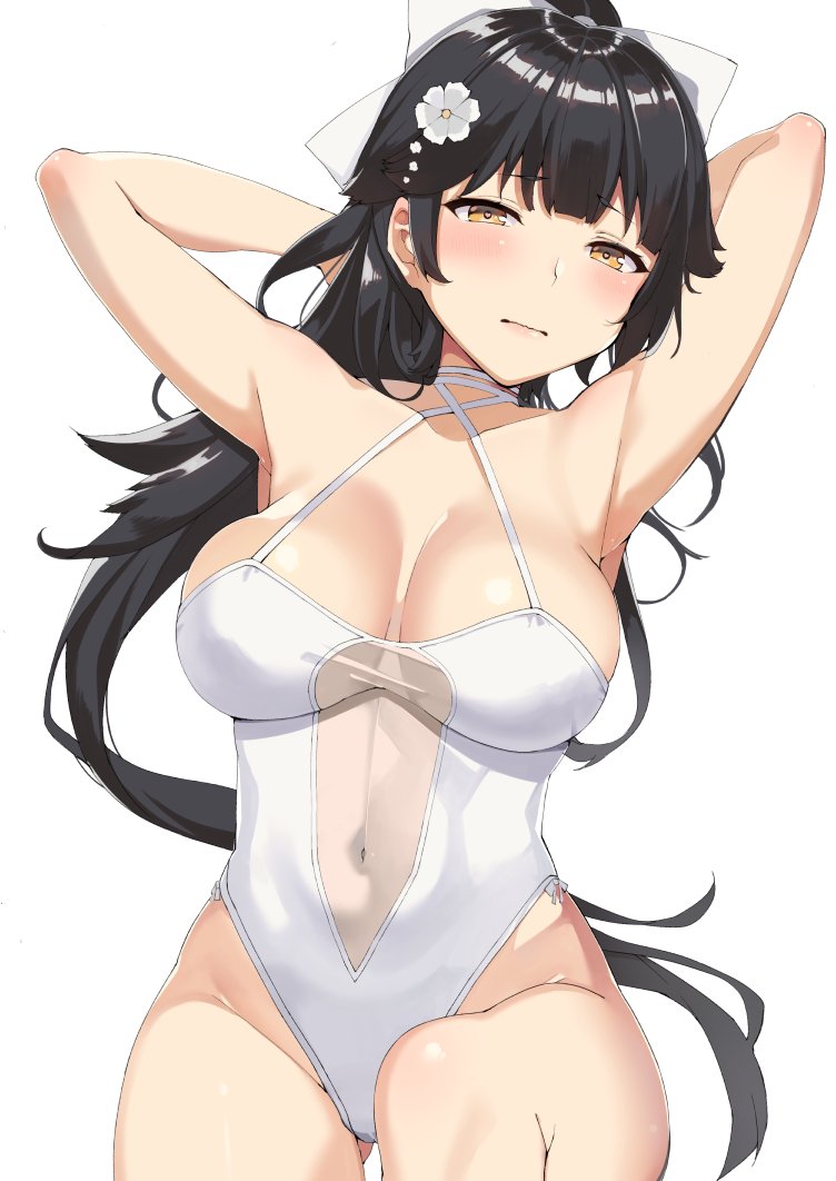1girl arms_behind_head azur_lane black_hair bow breasts brown_eyes casual_one-piece_swimsuit covered_navel cowboy_shot flower hair_bow hair_flower hair_ornament highleg highleg_swimsuit large_breasts long_hair looking_at_viewer navel nuko_(mikupantu) one-piece_swimsuit ponytail solo swimsuit takao_(azur_lane) very_long_hair white_bow white_flower white_swimsuit
