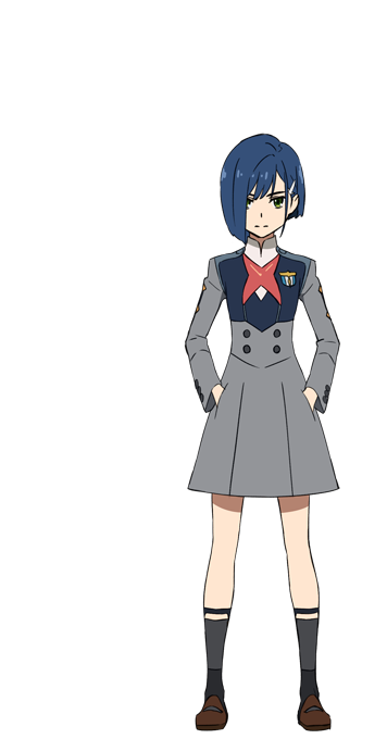 1girl blue_hair brown_footwear code:015 darling_in_the_franxx expressionless full_body green_eyes hair_ornament hair_over_one_eye hairclip hands_in_pockets looking_at_viewer mary_janes official_art shoes sock_garters socks solo