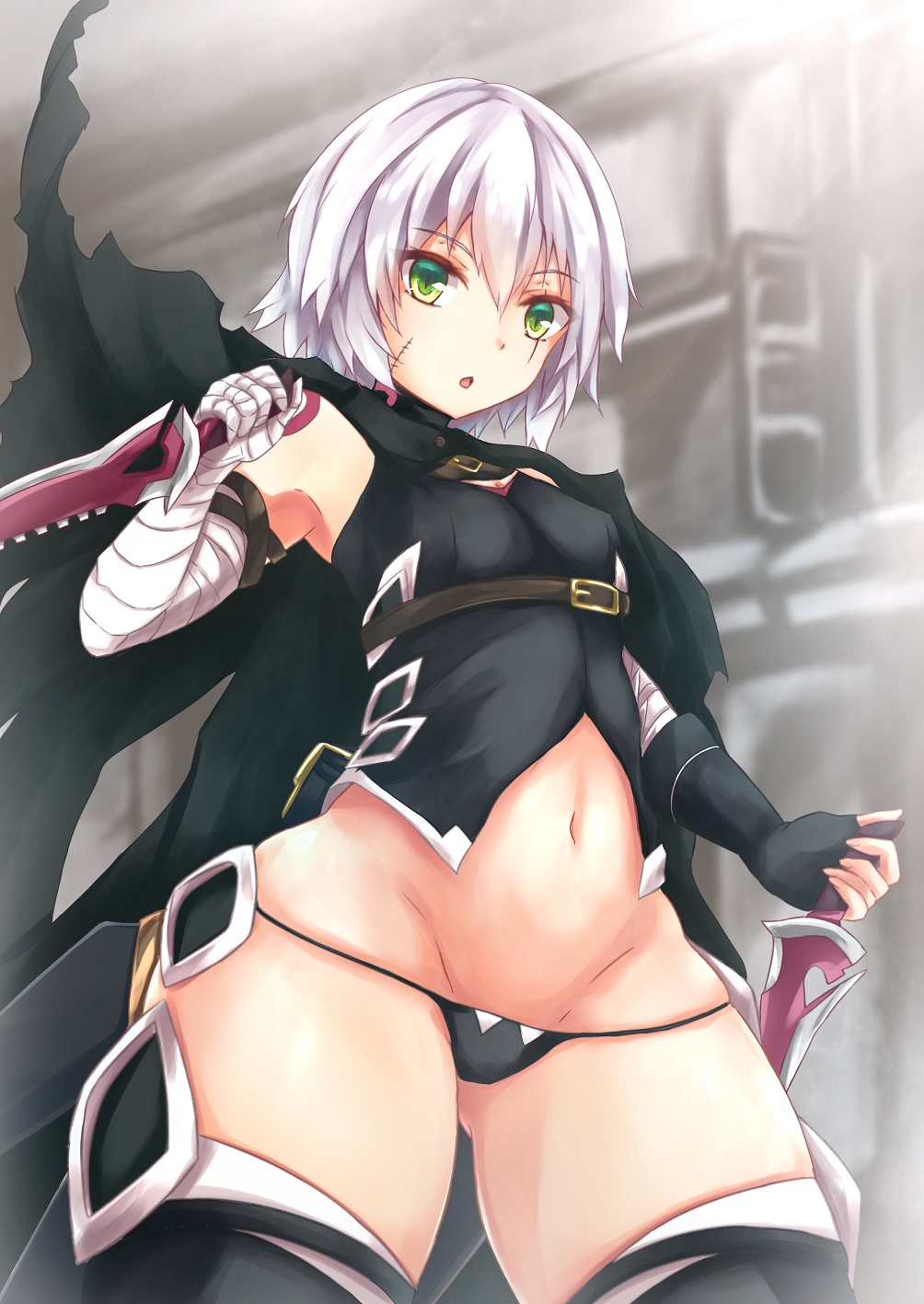 1girl assassin_of_black bandage bandaged_arm bare_shoulders black_legwear black_panties breasts fate/apocrypha fate/grand_order fate_(series) gloves green_eyes groin highres kashiwagi_yamine knife looking_at_viewer navel panties scar short_hair silver_hair small_breasts solo thigh-highs underwear weapon