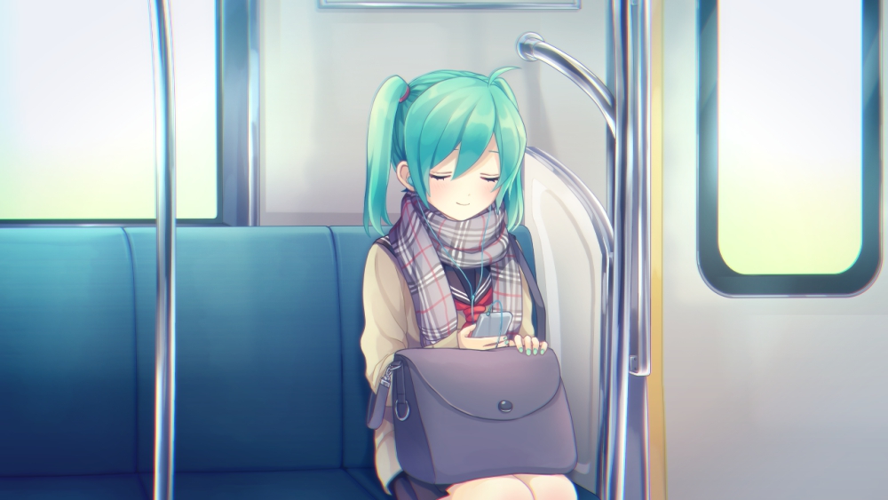 1girl akiyoshi_(tama-pete) closed_eyes digital_media_player earphones earphones green_hair hatsune_miku scarf school_uniform serafuku sitting skirt solo twintails vocaloid