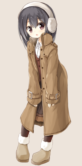 1girl black_hair boots brown_background brown_coat brown_footwear brown_legwear brown_skirt brown_vest coat collared_shirt earmuffs full_body fur-trimmed_boots fur_trim head_tilt leaning_forward long_hair long_sleeves looking_at_viewer open_clothes open_coat original pantyhose shirt simple_background skirt sleeves_past_wrists solo standing violet_eyes white_shirt yuuhagi_(amaretto-no-natsu)